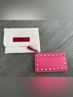Valentino Pink Leather Rockstud Zip Card Holder with Silver Studs